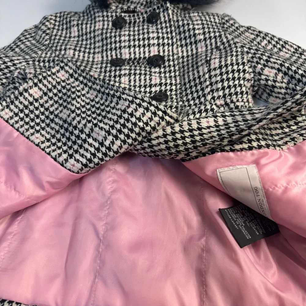 London Fog Girls Houndstooth Pea Coat Faux Fur Hood Pink Lining Size M 5-6